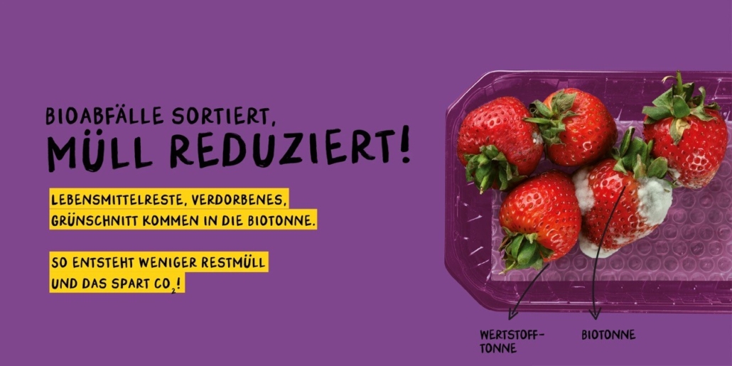 Biotonne 2 Kampagnenmotiv zur Reduzierung organischer Abfälle im Restmüll: Bioabfälle sortiert, Müll reduziert! Lebensmittelreste, Verdorbenes, Grünschnitt kommen in die Biotonne. So entsteht weniger Restmüll und das spart CO2!