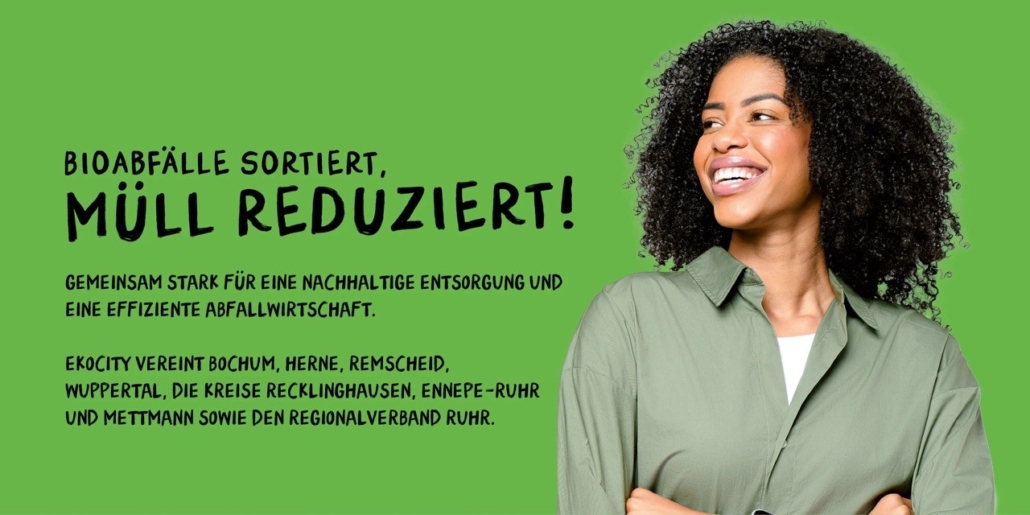 Biotonne 8 Kampagnenmotiv zur Reduzierung organischer Abfälle im Restmüll: Bioabfälle sortiert, Müll reduziert! Lebensmittelreste, Verdorbenes, Grünschnitt kommen in die Biotonne. So entsteht weniger Restmüll und das spart CO2!